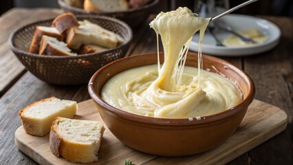 Creamy aligot served with rustic bread in a cozy dining setting