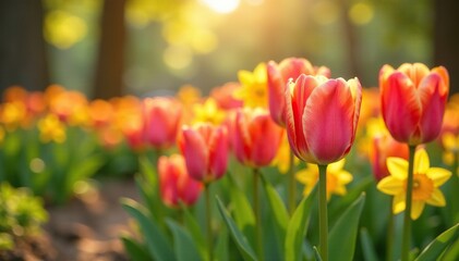 Blooming Tulips And Daffodils Garden