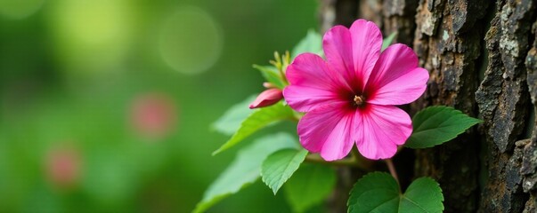Blooming Geranium wallichianum on a tree trunk, evergreen, flower