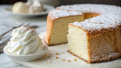 Fluffy angel food cake slice served with whipped cream on a marble countertop, perfect for dessert lovers