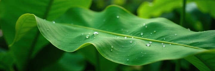Banana leaf with a natural sheen and dew drops, foliage, green, textures