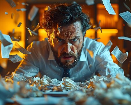 Businessman Tearing Financial Report in Intense and Emotion  Business Bankruptcy Concept with Flying Papers