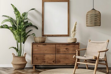 Interior of living room with wooden commode, armchair and plants. 3d render