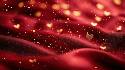 Romantic Golden Hearts on Red Fabric