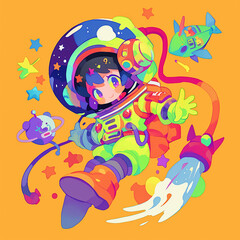 Obraz premium Chibi-Style Space Explorer with Colorful Spacesuit and Playful Alien Pet