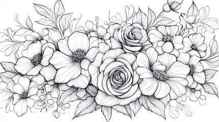 Intricate Floral Line Art with Roses, Daisies, and Leafy Swirls for Coloring Designs Adult Coloring Pages with Botanical Themes Black-and-White Floral Wall Art for Minimalist Interiors Stationery