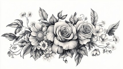 Intricate Floral Line Art with Roses, Daisies, and Leafy Swirls for Coloring Designs Adult Coloring Pages with Botanical Themes Black-and-White Floral Wall Art for Minimalist Interiors Stationery