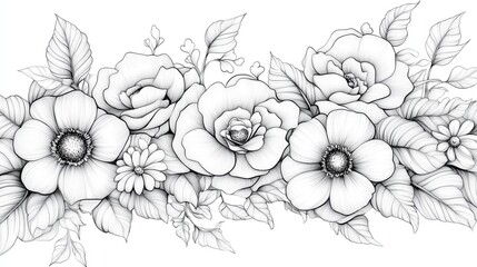 Intricate Floral Line Art with Roses, Daisies, and Leafy Swirls for Coloring Designs Adult Coloring Pages with Botanical Themes Black-and-White Floral Wall Art for Minimalist Interiors Stationery 