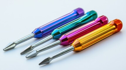A set of brightly colored screwdrivers arranged artistically on a white surface