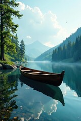 Obraz premium A wooden boat drifting on the surface of a quiet lake, sunlight, forest, lake