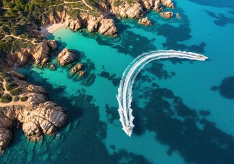 Obraz premium Aerial view, Mediterranean coast, turquoise water, rocky cliffs, green vegetation, white speedboat, wake trail, crystal clear sea, secluded coves, coastal landscape, aerial photography, drone shot, su