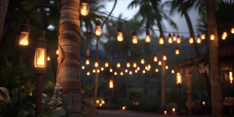 A serene outdoor tropical scene illuminated by warm string lights draped between palm trees at dusk, creating an ambiance of relaxation and enchantment under the stars.