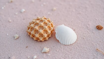Seashells on pink sand beach, close-up, natural beauty