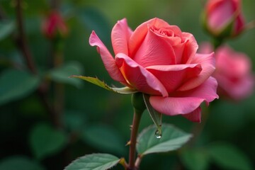 A single water drop clinging to the thorny stem of a rose bush, closeup, flower, botanical