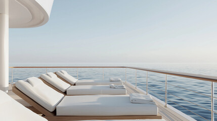 Fototapeta premium Minimalist Sundeck with Modern Sun Loungers and Sea View