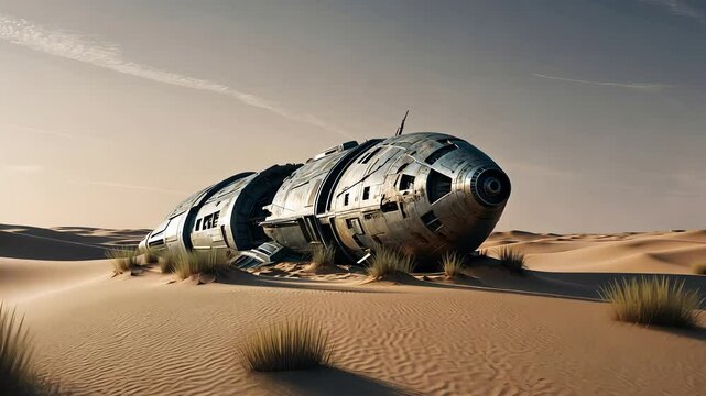Crashed Spaceship in Desert Landscape with Sand Dunes and Blue Sky, Featuring Futuristic Design and Weathered Details

