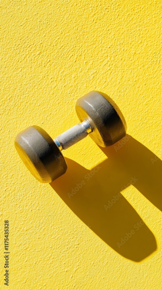 Poster gray dumbbell casting a shadow on a yellow wall during a sunny day, creating a vibrant and energetic