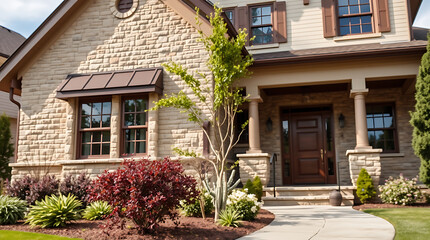 Two-Story Stone House with Landscaping and Walkway