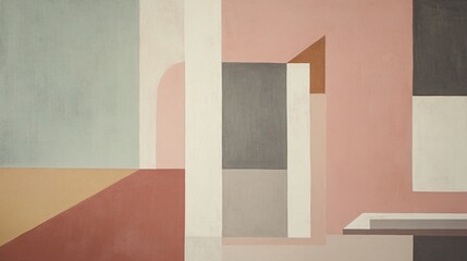 A geometric wall painting with clean, angular lines in muted earth tones on a light gray background
