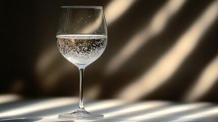 Placed on a white surface, a single crystal-clear wine glass with condensation stands against a contrasting dark background.