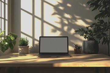 Fototapeta premium Close-up desk with blank laptop screen on wooden table classroom interior design template.