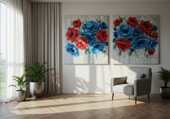 Modern living room interior, large floral abstract artwork, red and blue flowers, diptych painting, white walls, wooden floors, floor-to-ceiling windows, natural light, minimalist furniture, gray armc
