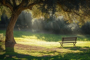 Fototapeta premium Sunlight filters through branches, illuminating tranquil park sc