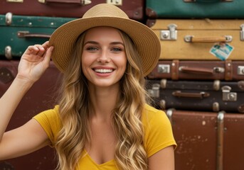 Young woman, wide-brimmed straw hat, long wavy blonde hair, bright smile, yellow top, vintage suitcases background, warm lighting, travel mood, nostalgic atmosphere, portrait photography, summer style