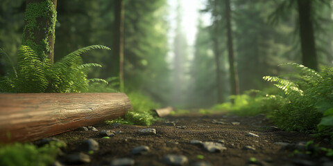 A bright forest path on a sunny day, surrounded by vibrant ferns and towering trees, encapsulating the lively essence and freshness of nature at its peak.