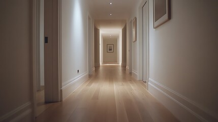 Long Light Hallway With Wooden Floor And Art