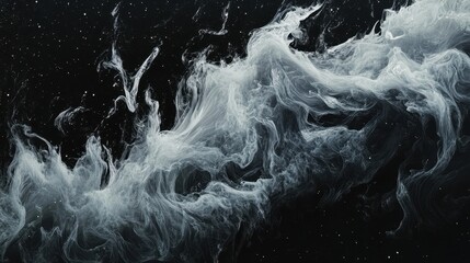 A black and white image of a white, wavy cloud with stars in the background