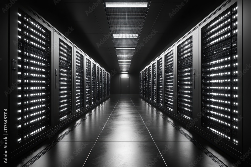 Poster server room illuminated by rows of data storage units in a modern data center environment