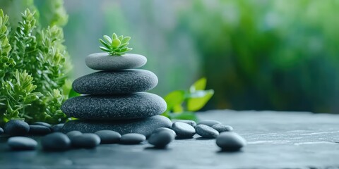 Obraz premium Tranquil Stack of Smooth Stones with Green Plant in Soft Focus