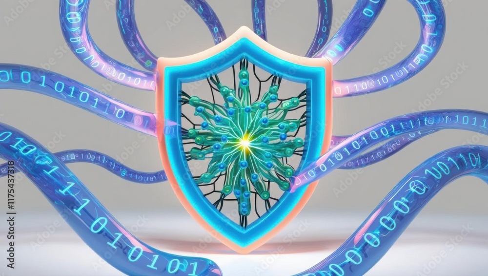 Poster a digital representation of cybersecurity featuring a shield surrounded by binary code and abstract 