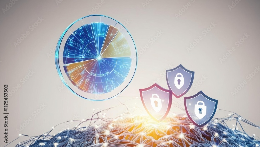 Poster a digital representation of cybersecurity, featuring shields and data visualization, emphasizing pro
