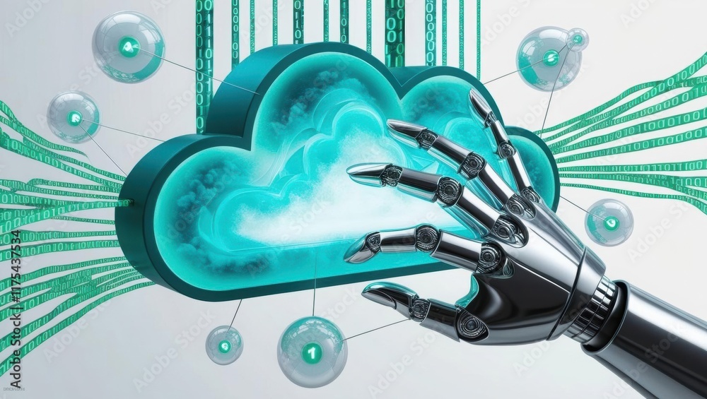 Poster a robotic hand reaches toward a glowing cloud with digital data streams, symbolizing the intersectio