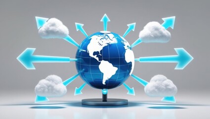A 3D globe surrounded by clouds and arrows, symbolizing global connectivity and data flow.
