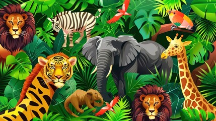 Obraz premium jungle safari seamless pattern wallpaper
