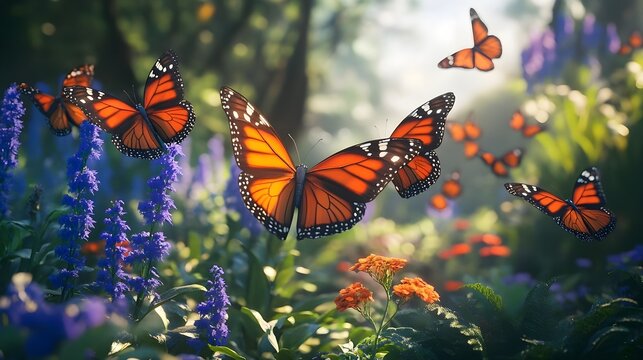 Monarch Butterflies in a Vibrant Garden