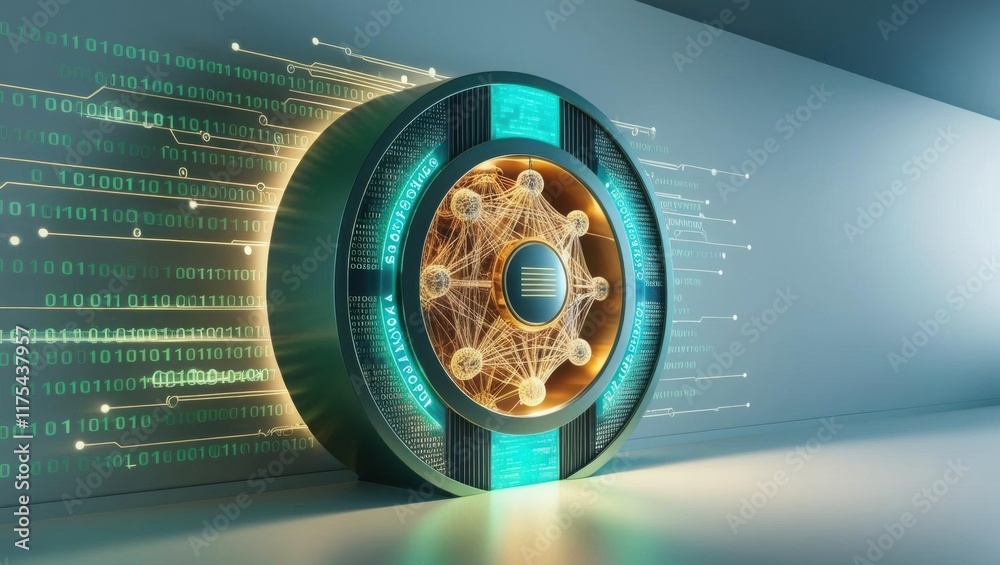 Poster a futuristic representation of a quantum computing device, showcasing intricate designs and dynamic 