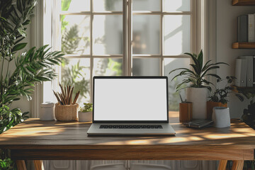 Fototapeta premium Close-up desk with blank laptop screen on wooden table classroom interior design template.