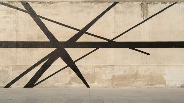 A monochrome wall painting of geometric line intersections in black, on a light beige wall