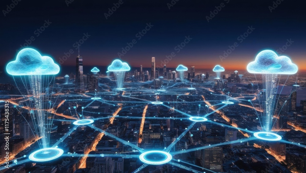 Poster a digital cityscape with cloud icons connected by glowing network lines, symbolizing data flow and c