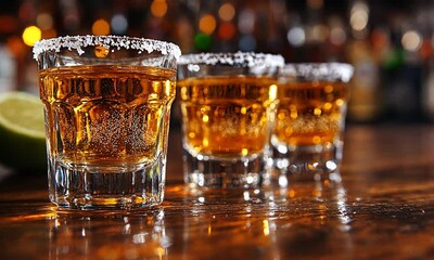 Three Tequila Shots with Salt and Lime on a Wooden Bar Counter