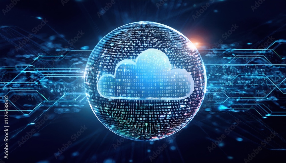 Poster a glowing cloud symbol surrounded by digital data streams, representing cloud computing and technolo