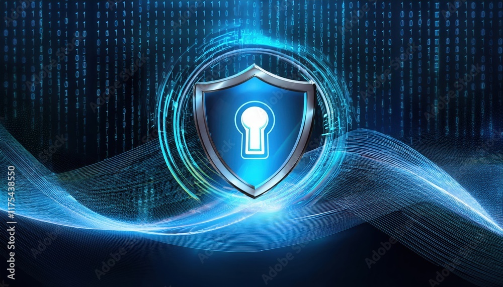 Poster a digital shield with a keyhole, set against a futuristic blue background filled with binary code, s