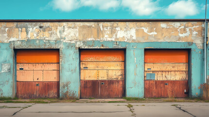 A weathered industrial building stands with three colorful garage doors in disrepair. The peeling paint reveals layers of orange, yellow, and blue