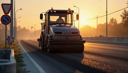 Road Roller on a Quiet Street at Sunset