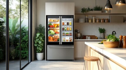 A minimalist kitchen features a smart fridge with an integrated touchscreen, displaying grocery lists, dietary preferences, and food recipes.