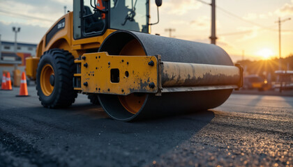 Road Roller Working at Sunset